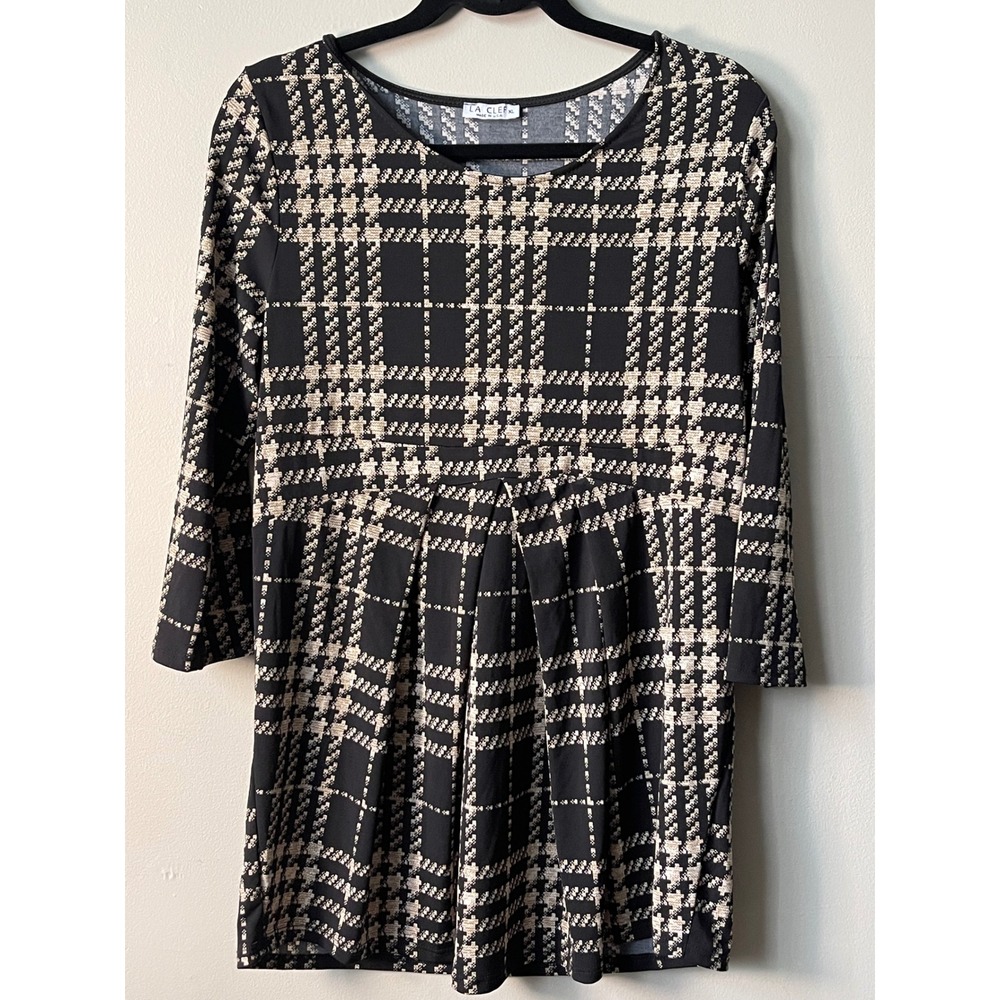 La Clef Womens‎ XL Black Tan Plaid Pleated Empire Waist Tunic Top GMT 1771 USA